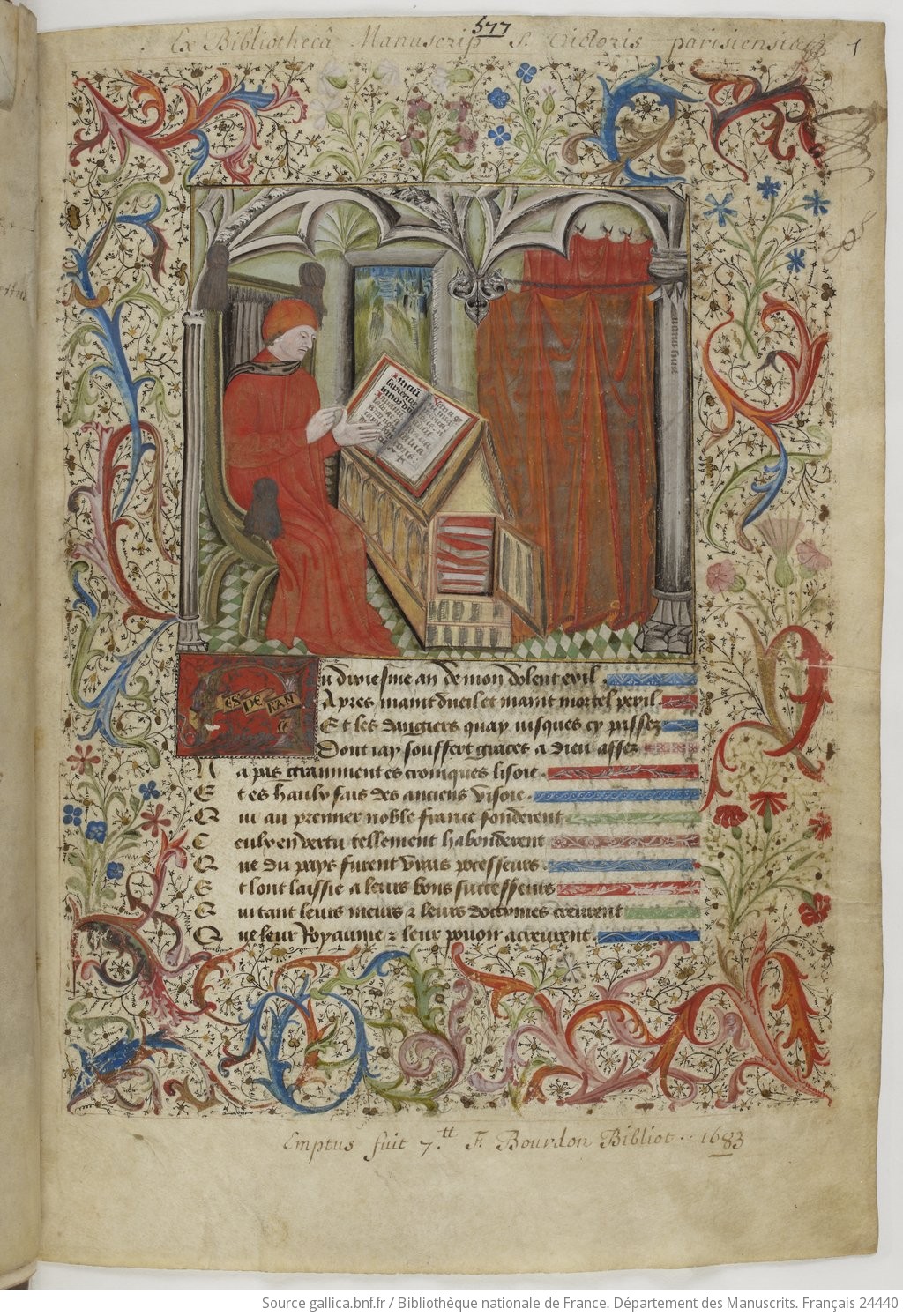 Page enluminée d'un recueil manuscrit des œuvres d'Alain Chartier
